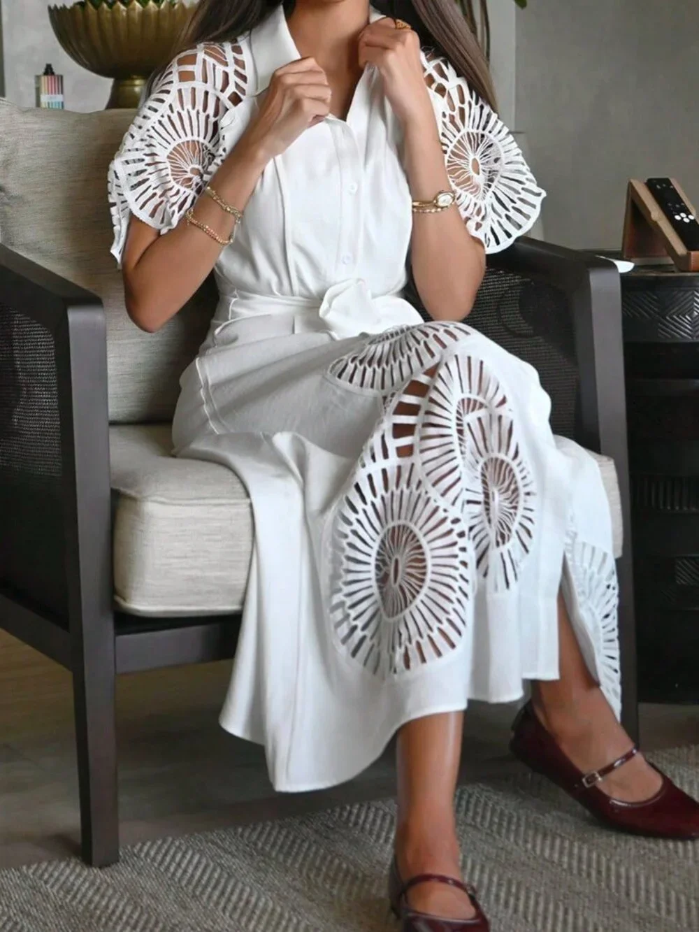 White Elegant Women's Puff Sleeve Single Breasted Hollow Splice Dress - Picture 2 of 5
